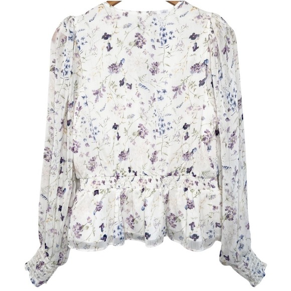 Express NWT Womens Floral Chiffon Peplum Wrap Long Sleeve Purple Cream Size M - Picture 4 of 8